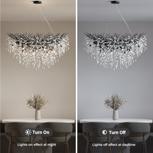 YUYI 47" Black Crystal Chandelier, 14-Light Tree Branch Chandelier, Modern Round Chandeliers for Dining Room, Living Room, Foyer, Entryway, Kitchen, Bedroom, Luxury K9 Crystal Raindrop Fixture - Image 5