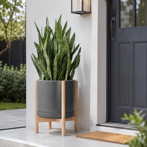 D'vine Dev Ceramic Pot with Natural Wood Stand, Grey, 14 in, 55-B-R-3 - Image 2