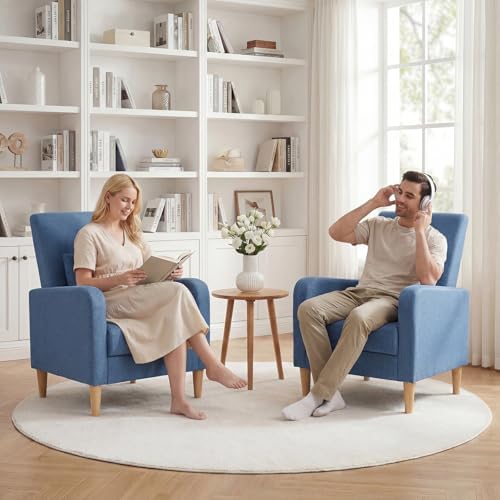COLAMY Mid-Century Modern Accent Chair, Fabric Upholstered Living Room Chair with Back Pillow & Solid Wood Legs, Comfy Armchair for Living Room, Bedroom, Single Sofa, Blue - Image 3