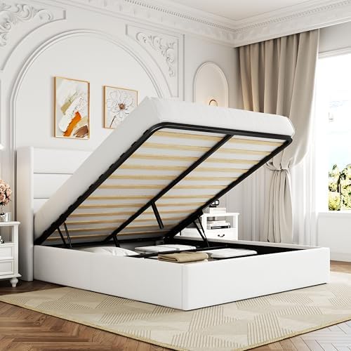Allewie Queen Size Lift Up Hydraulic Storage Bed Frame White by Allewie