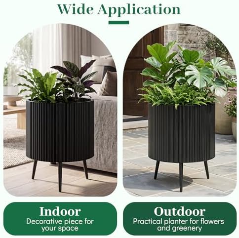 GIANTEX 20 Inch Plant Pot w/Stand Set 2, Mid-Century Modern Fluted Planter - Image 7