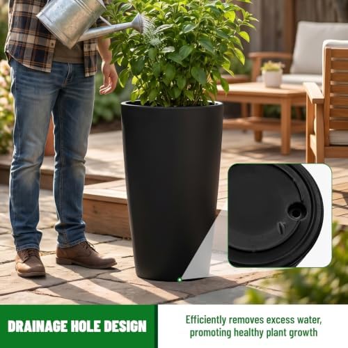 SnugNiture Set of 2 Round Tall Planters 22 Inch, Large Planter for Indoor Outdoor Plants, Modern Flower Pot Containers Large Decorative Tree Planter, Black - Image 4