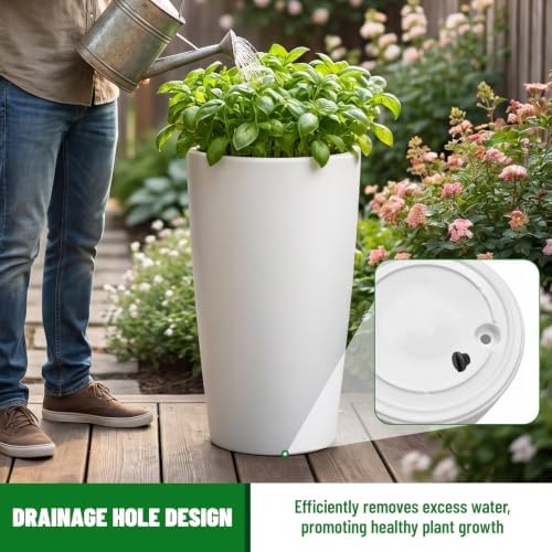 SnugNiture Set of 2 Round Tall Planters 22 Inch, Large Planter for Indoor Outdoor Plants, Modern Flower Pot Containers Large Decorative Tree Planter, White - Image 4