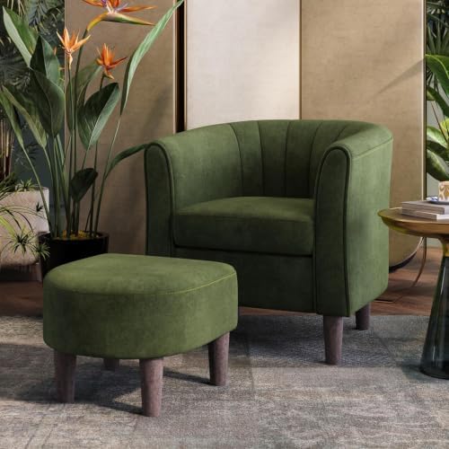 LINSY Accent Chair with Ottoman, Modern Barrel Chair Small Armchair Reading Chair with Footrest, Comfy Round Arms Chair for Living Room Bedroom Reading Room, Velvet, Dark Green by Linsy