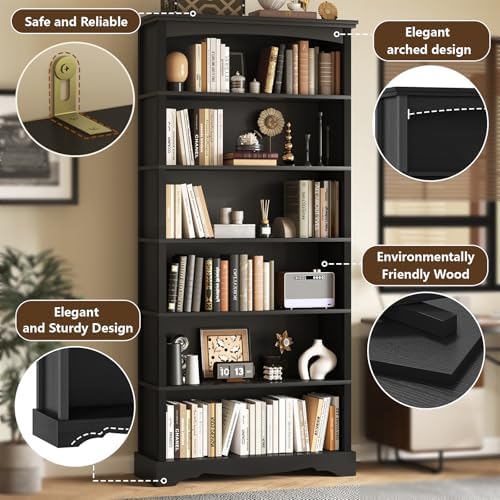 TVU 6-Tier Wooden Bookshelf, 76 Inch Tall Bookshelf with Storage, Floor Standing Modern Style Display Bookcase for Living Room, Office, Study Room, Entryway, Black - Image 6