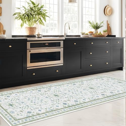 Hazo Haus Turkish 3x8 Wide Hallway Runner - Cream Green Oushak Boho Floral, Washable Low Pile Non Slip Stain Resistant Rug for Kitchen, Bathroom, Hall Way - Image 5