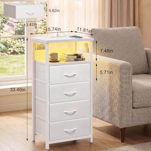 Fixwal Night Stand with Charging Station, White Led Nightstand, 4 Drawers - Image 3