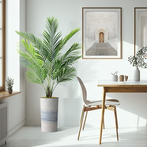 Artificial Tree in Blue Gray Industrial Line Pattern Planter, Fake Areca Tropical Palm Silk Tree for Indoor and Outdoor Home Decoration - 66" Overall Tall (Plant Pot Plus Tree) - Image 6