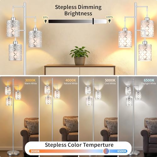 72" Dimmable Floor Lamp with Remote & Timer, Modern Minimalist Standing Lamp for Living Room Bedroom, 3 Individually Controlled Heads, 2 Height Options, 3x 1100LM LED Bulbs Included -Silver - Image 3