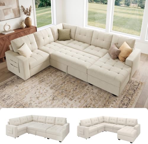 HONBAY Modular Sectional Sleeper Sofa with Pull Out Bed, U Shaped Sleeper Couches with Storage Chaise, 114'' Sleeper Sectional Sofas for Living Room, Apartment (Beige) by HONBAY