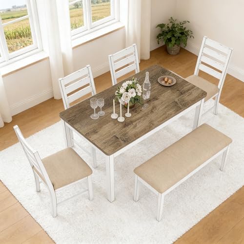ROCSUMOO 6 Piece Farmhouse Dining Table Set with 4 Chairs and 1 Bench by ROCSUMOO