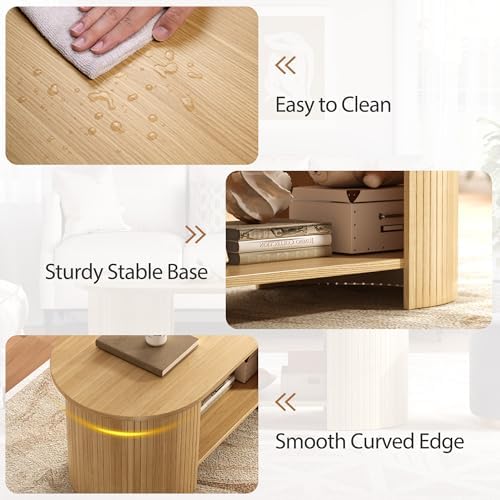 42" Oval Fluted Coffee Table, 2-Tier Center Table with Large Storage, Mid-Century Modern Wood Coffee Table for Living Room, Home Office, Small Space, Oak - Image 4