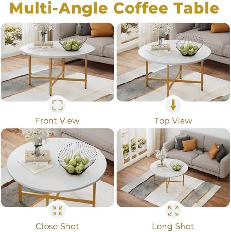 Coffee Table, 23.6" Round Coffee Table, White & Gold Leg Living Room Tables - Image 4