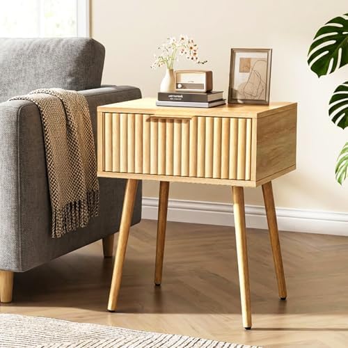 VINGLI Nightstands Set of 2, Fluted Night Stand with Drawer, Bedside Table, Wood Nightstand for Bedroom, Mid Century Modern End Tables, Natural Oak, 18.9" W*14.96" D*24" H - Image 3
