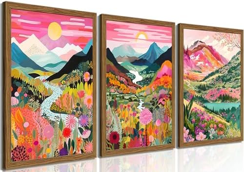 Boho Colorful Mountain Wall Art Set of 3, Abstract Watercolor Landscape Flower Wall Decor Paintings, Modern Nature Sunset Forest Posters Prints for Living Room, Bedroom 16x24 Inch Wood Framed by fancynewWallArt