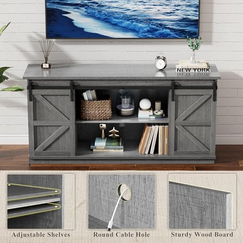 YESHOMY 58" Farmhouse TV Stand for TVs up to 65", Sliding Barn Doors, Gray - Image 6