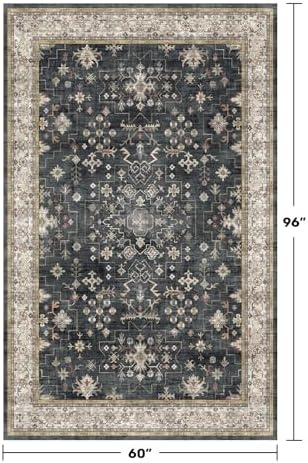 Black Modern Farmhouse 5x8 Area Rug for Living Room, Boho Large Entryway Rug, Dark Floor Carpet for Kitchen Under Small Dining Table, Bedroom - Washable Low Pile Waterproof Non Slip & Stain Resistance - Image 2