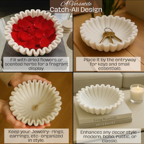 SWADESHI BLESSINGS Handcrafted Marble Ruffle Bowl for Home Decor, 7" - Image 2
