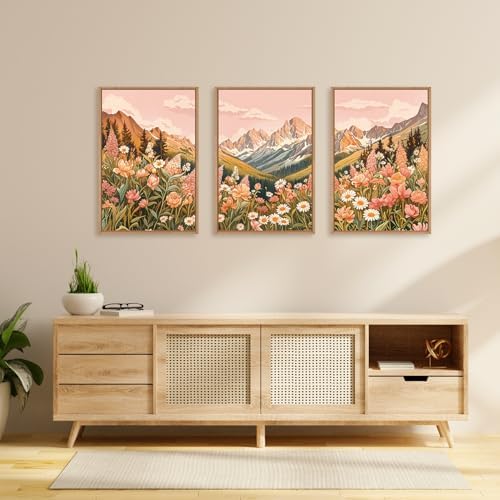LHIUEM Large Abstract Colorful Mountain Framed Canvas Wall Art,Boho Pink Flower Wall Decor, Nature Wildflower Wall Painting,Bohemian Artwork for Living Room,Bedroom,Dining Room,Office -16"x24"x3 - Image 4