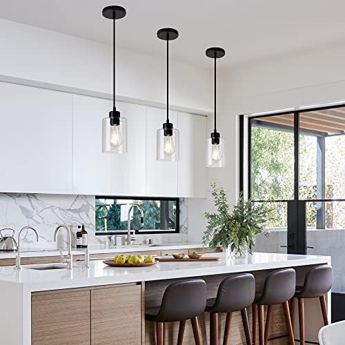 Modern Black Farmhouse Clear Glass Cylinder Pendant Light Fixture,Mini Pendant Lighting for Kitchen Island Decor - 4.75 Inch Shade, 2-58 Inch Cord (Black 3 Pack) - Image 2
