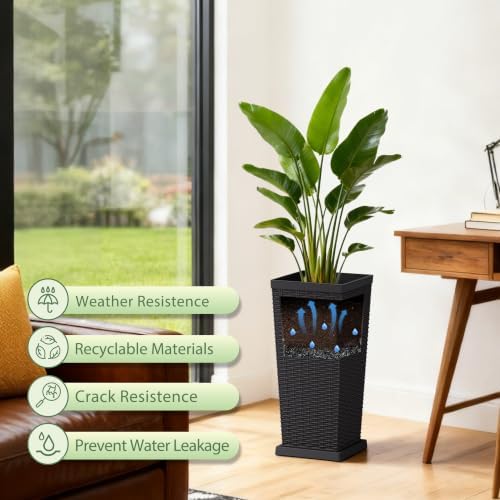 Set of 2 24 Inch Tall Plastic Planters with Drainage Saucers, Black - Image 6