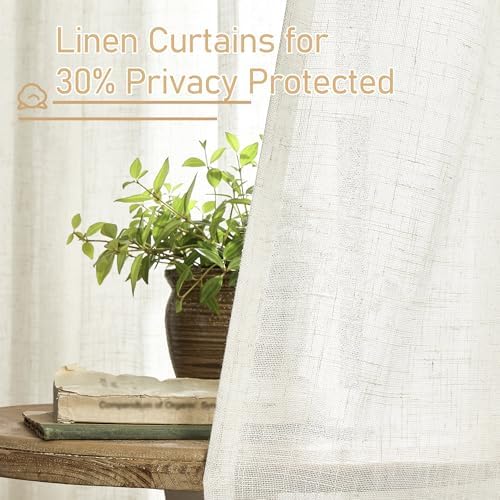 LAMIT Cream Linen Curtains 40 Inch for Kitchen Window Over Silk, 2 Panels - Image 5