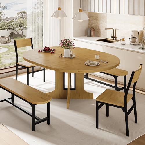 iPormis 5-Piece Round Dining Table Set for 4-6, 59" Extendable Dining Room Table Set with 2 Ergonomic Chairs & 2 Benches, Oval Modern Dinette Table with MDF Board and Metal Frame, Space-Saving, Oak by iPormis