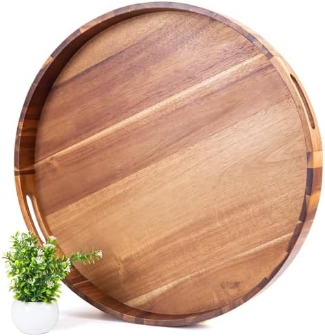 Extra Large Round Ottoman Coffee Table Tray, 22" Big Kitchen Serving Trays for Huge Ottoman Counter Giant Decorative Organizer, Huge Wood Serveware Tray with Built-in Handle for Big Job by DecentVrvege