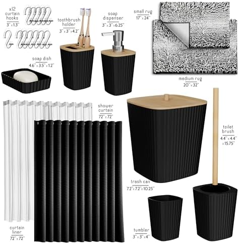Clara Clark Bathroom Accessories Set - Bathroom Set, Bathroom Sets with Shower Curtain and Rugs, Shower Curtain Set with Bathroom Trash Can - Ombre Black - 22PC - Image 3