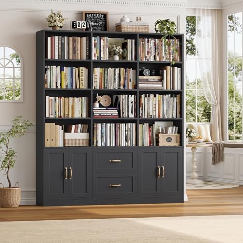 HOSTACK 71" Tall Triple Wide Bookshelf with Storage Drawers & Doors, Black - Image 4