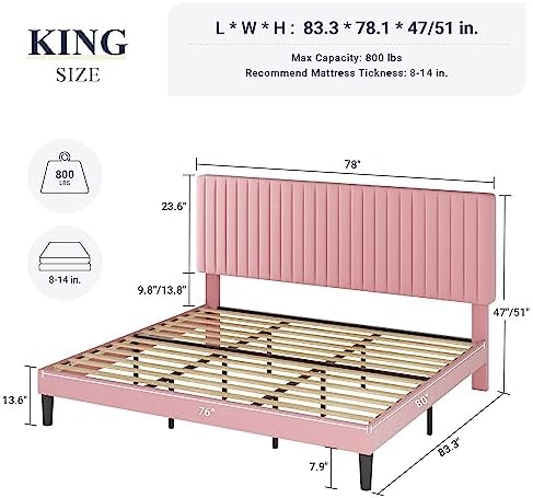 Allewie King Bed Frame, Velvet Upholstered Platform Bed with Adjustable Vertical Channel Tufted Headboard, Mattress Foundation with Strong Wooden Slats, Box Spring Optional, Easy Assembly, Pink - Image 2