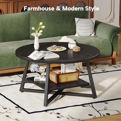 Coffee Table for Living Room, Round Coffee Table, Small Circle Coffee Table with Storage, Modern Wood Round Center Table for Home Office, Small Space, Easy Assembly, Black - Image 4