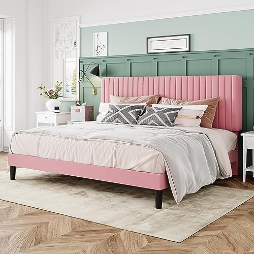 Allewie King Bed Frame, Velvet Upholstered Platform Bed with Adjustable Vertical Channel Tufted Headboard, Mattress Foundation with Strong Wooden Slats, Box Spring Optional, Easy Assembly, Pink - Image 3