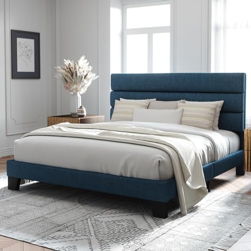 Allewie King Size Platform Bed Frame with Fabric Upholstered Headboard Blue - Image 3