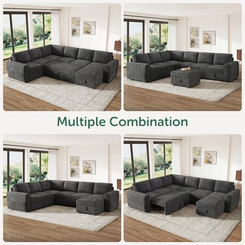 HONBAY Modular Sectional Sleeper Sofa with Pull Out Bed,Corduroy U Shaped Couch with Storage, Sectional Couches for Living Room,Dark Grey - Image 6