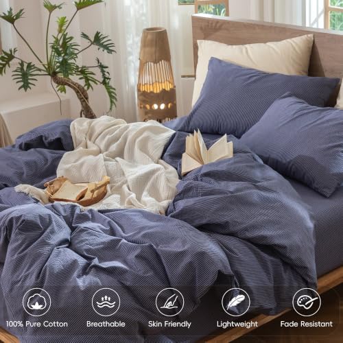 MooMee Striped Duvet Cover Set 100% Washed Cotton Linen Like Queen - Image 3