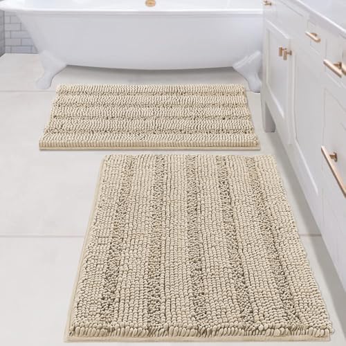 H.VERSAILTEX Bathroom Rug Sets 2 Piece Bath Mats Non Slip Thick Soft Chenille Striped Bath Rug achine Washable Shower Floor Rugs for Tub, Shower and Floor (Fog, 20" x 32"/24" x 36") by HVERSAILTEX