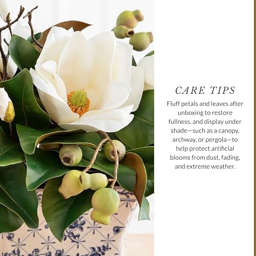 Balsam Hill Spring & Summer Magnolia Artificial Floral Arrangement - Premium White Magnolia Flowers in Ceramic Pot for Indoor or Covered Outdoor Display - Image 6