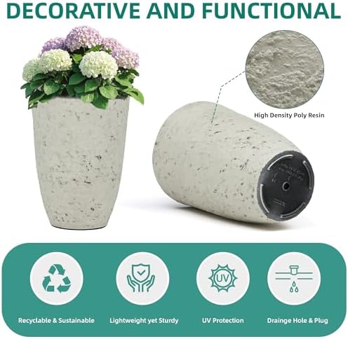 Autodaya 19.5" Resin Tall Planters for Outdoor Plants, Set of 2 Flower Pots - Image 6