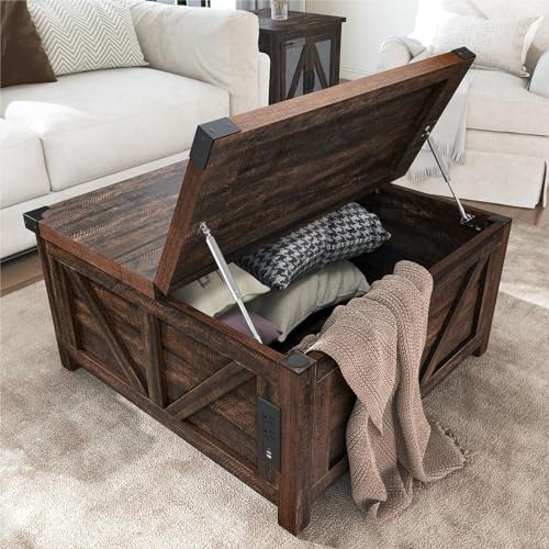 jimeimen Farmhouse Lift Top Coffee Table with Storage, Wood Square Center Table with Charging Station&USB Port, Living Room Table w/Large Hidden Space, for Living Room, Bedroom, Home Office, Brown - Image 6