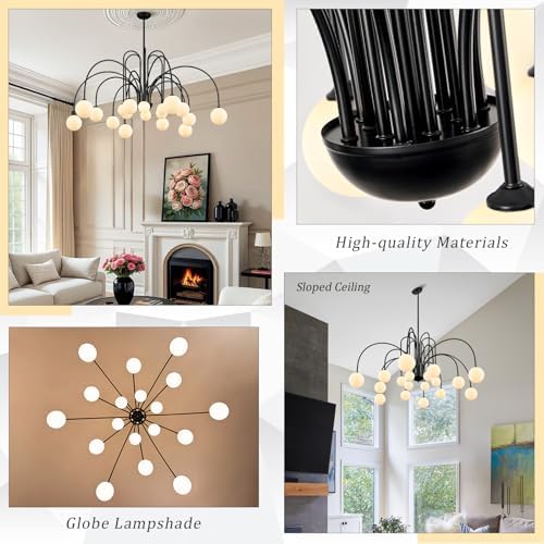 CATINER Modern 59" 18-Light Black Sputnik Chandelier with Milk Glass Globe - Image 4