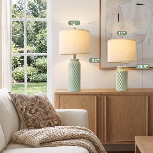 24" Modern Bedside Lamps Set of 2, Green Ceramic Nightstand Lamp - Image 4