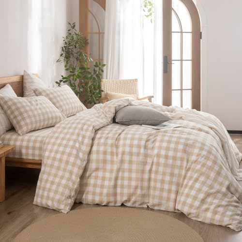 BESTOUCH Gingham Cotton Duvet Cover Set Almond Grey Full - Image 4