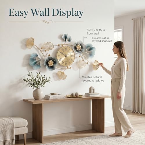 47" 3D Ginkgo Leaf Metal Wall Clock for Home Wall Decor - Image 4