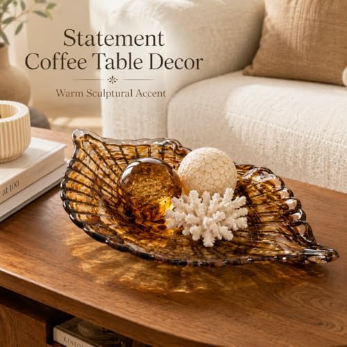 Hand Blown Glass Seashell Fruit Bowl,Gradient Decorative Glass Bowl for Kitchen Countertop,Coastal Seashell Serving Tray for Fruit Snacks,Art Table Centerpiece for Beach House Kitchen Decor (Brown) - Image 4
