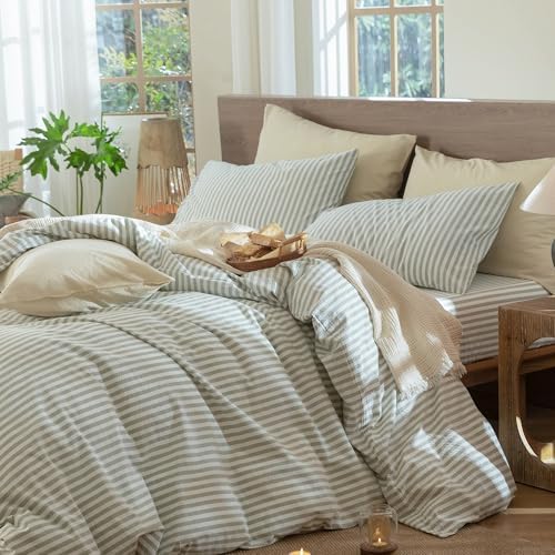 MooMee Striped Duvet Cover Set 100% Washed Cotton Linen Like Full - Image 3