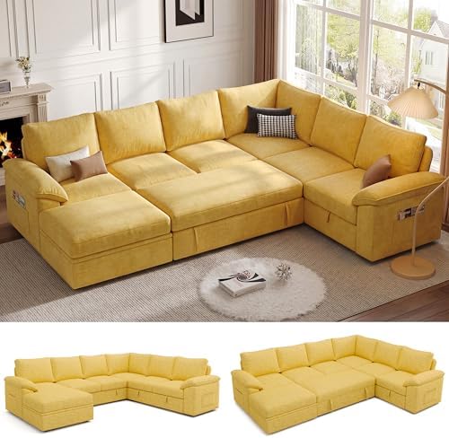 106'' Modular Sectional Sofa with Pull Out Bed, Sleeper Sofa, Yellow by Unknown