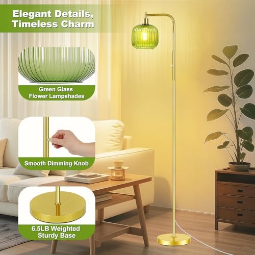 Dimmable Gold Floor Lamp with Ribbed Shade, Vintage Green Standing Lamp Dimmable with Solid Base, Arc Floor Lamps Glass for Living Room, Bedroom, Office, Decorative Tall Corner Lamps Gift Use - Image 4