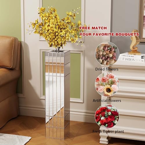 36.02" Tall Floor Vase for Living Room, Octagonal Mirror Vase & Glass Silver Floor Vases for Artificial Plants and Pampas Grass, Easy Assembly (29.92", Square) - Image 5