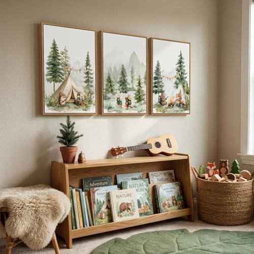 Framed Forest Animal Wall Art for Nursery, 3 Piece Nature Cute Whimsical Bear Fox Rabbit Canvas Painting Prints for Modern Farmhouse, Rustic Cabin Toddler Girl Artwork for Bedroom Kids Room, 16x24 - Image 2